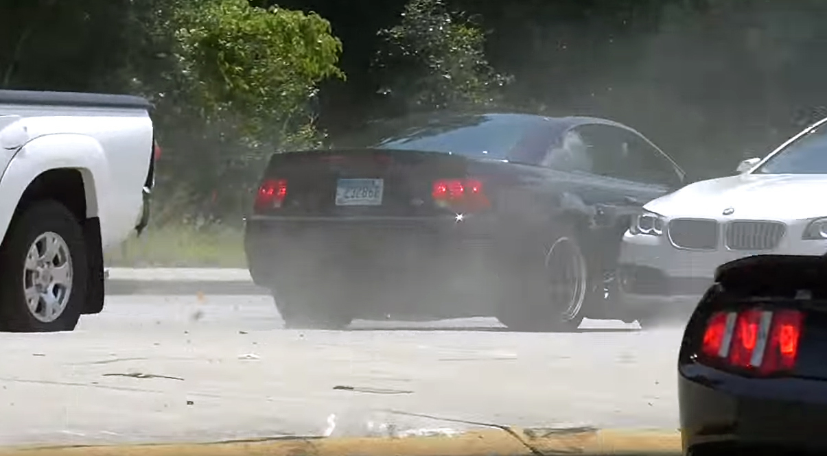 Mustang drivers attempt to show off, terrorize spectators, crash stupidly