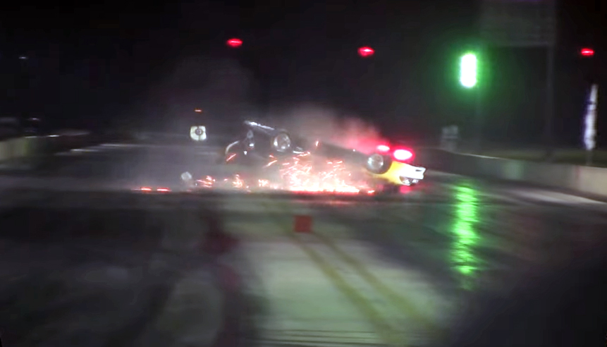 Flaming Mustang crashes, nearly burns at the strip